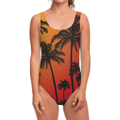 Tropical Palm Tree Sunset Print One Piece Swimsuit