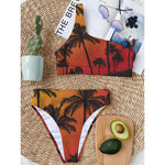 Tropical Palm Tree Sunset Print One Shoulder Bikini Top