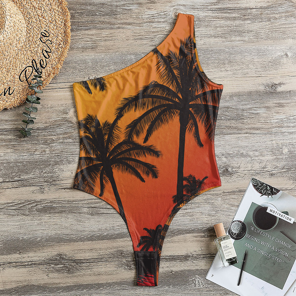 Tropical Palm Tree Sunset Print One Shoulder Bodysuit