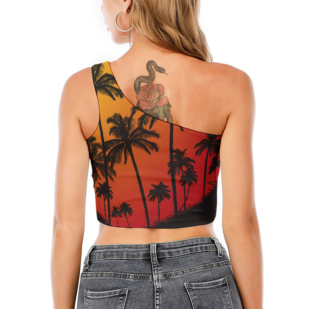 Tropical Palm Tree Sunset Print One Shoulder Crop Top