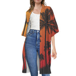 Tropical Palm Tree Sunset Print Open Front Beach Cover Up