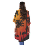Tropical Palm Tree Sunset Print Open Front Beach Cover Up