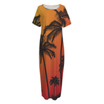 Tropical Palm Tree Sunset Print Short Sleeve Long Nightdress