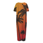 Tropical Palm Tree Sunset Print Short Sleeve Long Nightdress