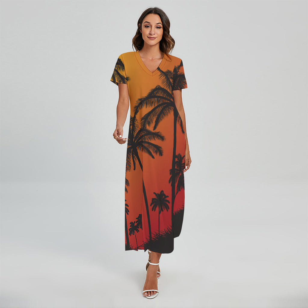 Tropical Palm Tree Sunset Print Short Sleeve Maxi Dress