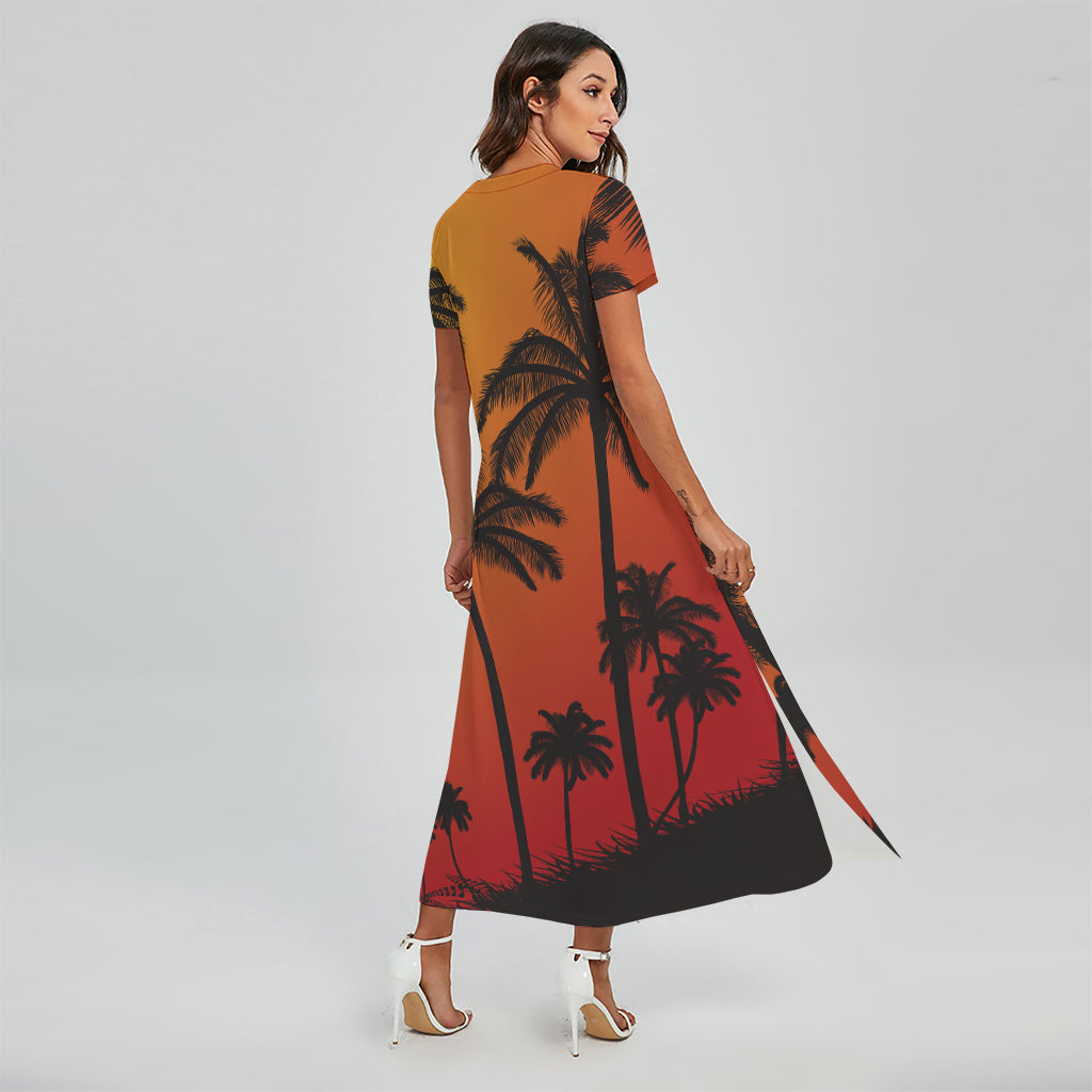 Tropical Palm Tree Sunset Print Short Sleeve Maxi Dress