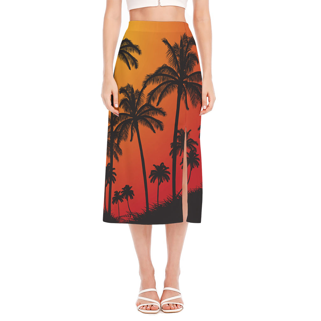 Tropical Palm Tree Sunset Print Side Slit Midi Skirt