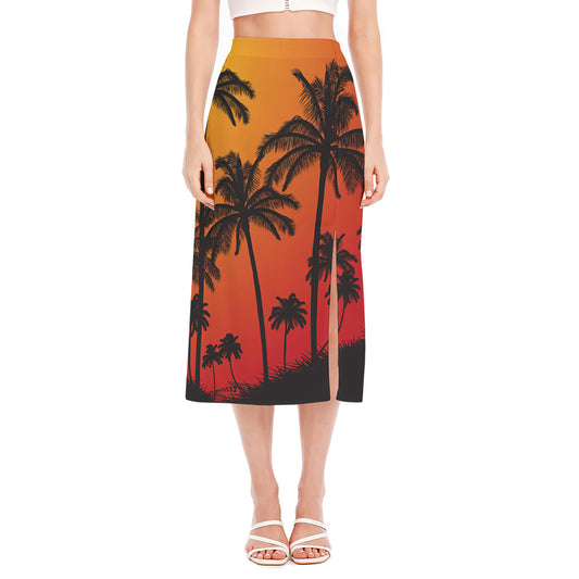 Tropical Palm Tree Sunset Print Side Slit Midi Skirt