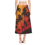 Tropical Palm Tree Sunset Print Side Slit Midi Skirt