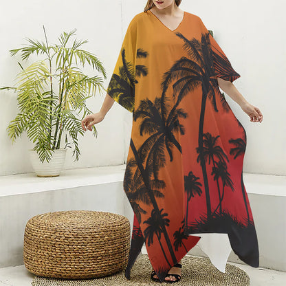 Tropical Palm Tree Sunset Print Silk V-Neck Kaftan Dress