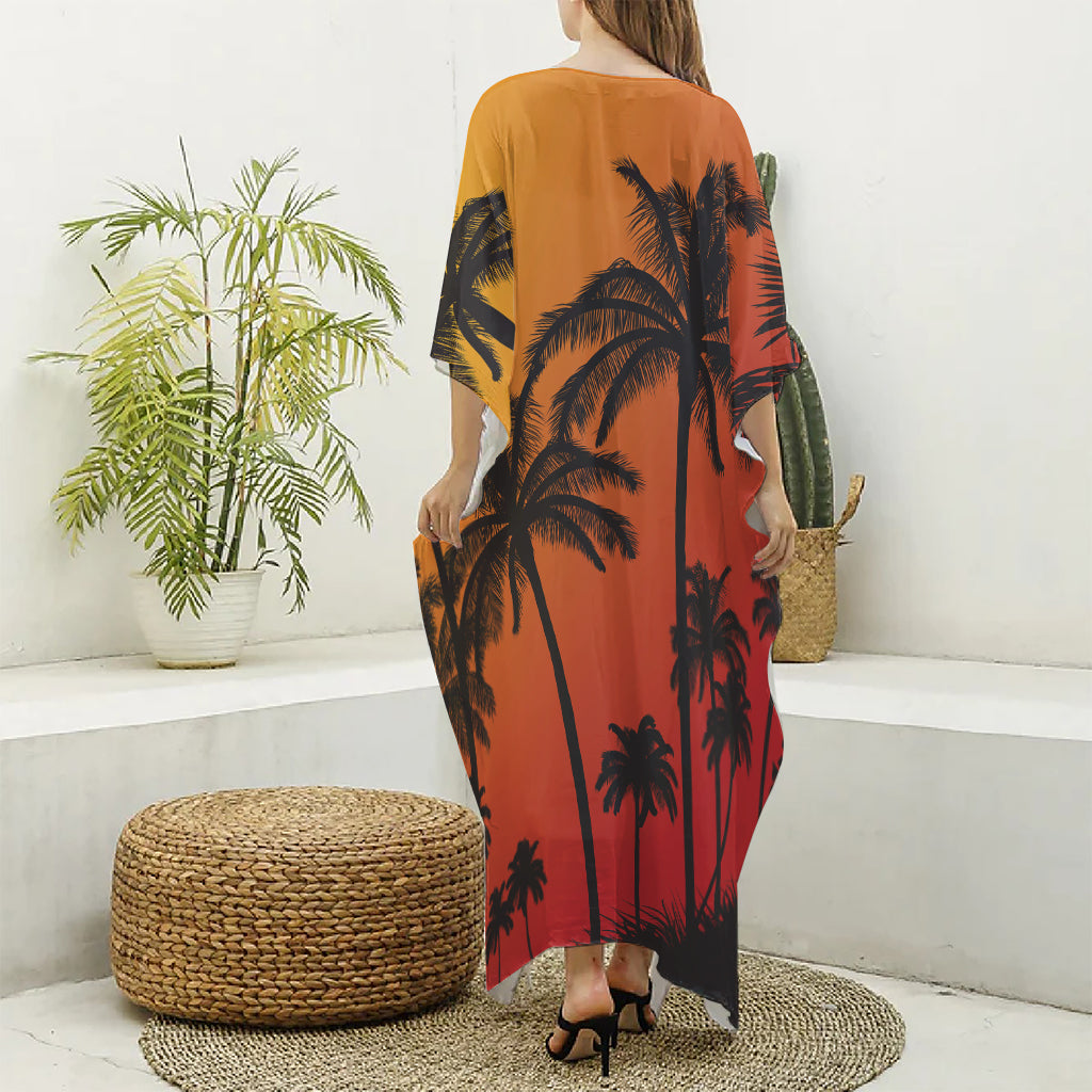Tropical Palm Tree Sunset Print Silk V-Neck Kaftan Dress