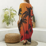 Tropical Palm Tree Sunset Print Silk V-Neck Kaftan Dress