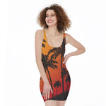 Tropical Palm Tree Sunset Print Sleeveless Bodycon Dress
