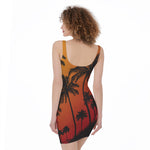 Tropical Palm Tree Sunset Print Sleeveless Bodycon Dress