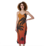 Tropical Palm Tree Sunset Print Slim Fit Midi Cami Dress