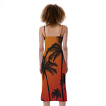 Tropical Palm Tree Sunset Print Slim Fit Midi Cami Dress