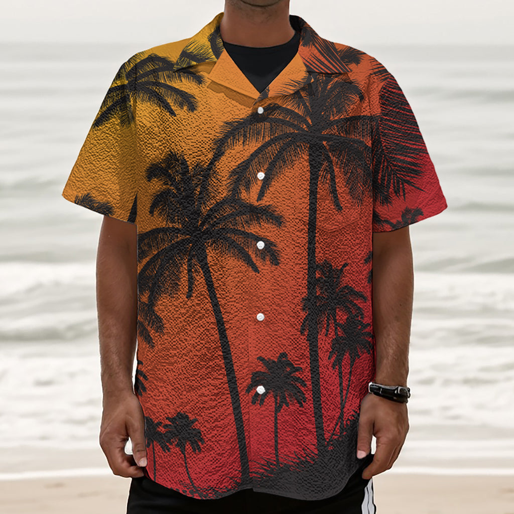 Tropical Palm Tree Sunset Print Textured Short Sleeve Shirt