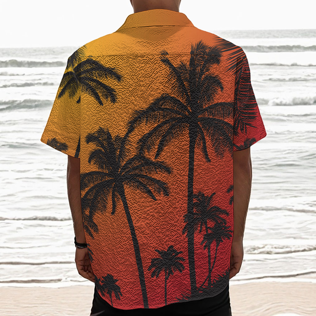 Tropical Palm Tree Sunset Print Textured Short Sleeve Shirt