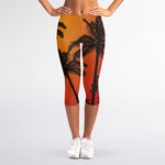 Tropical Palm Tree Sunset Print Women's Capri Leggings