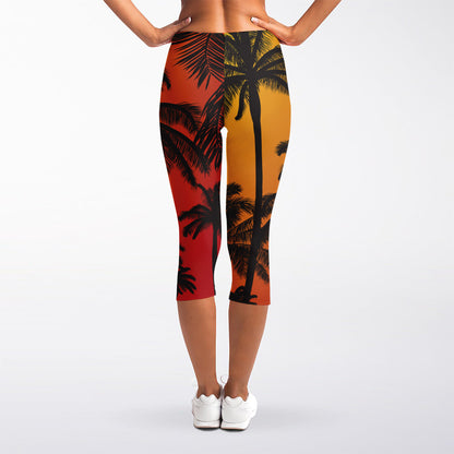 Tropical Palm Tree Sunset Print Women's Capri Leggings