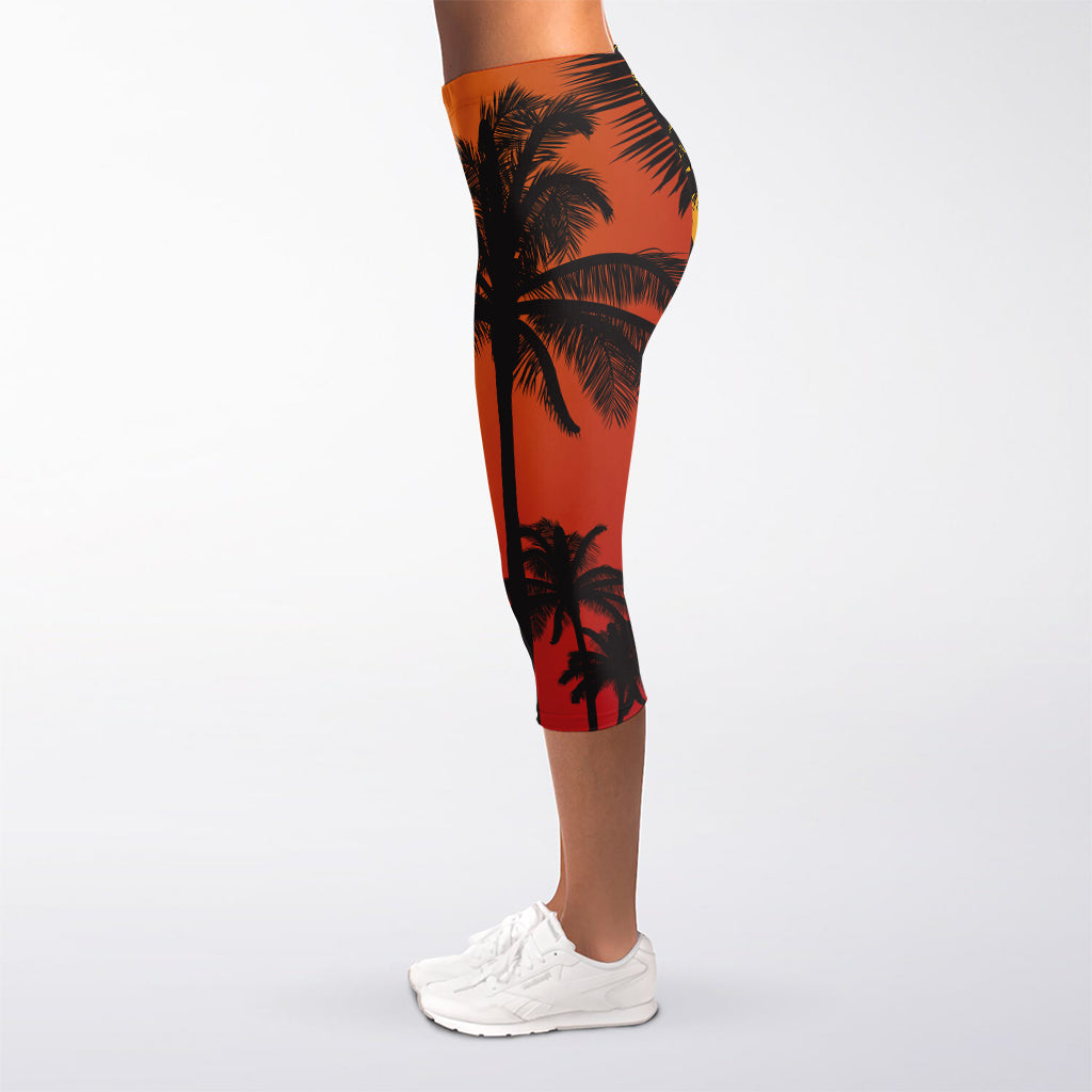 Tropical Palm Tree Sunset Print Women's Capri Leggings
