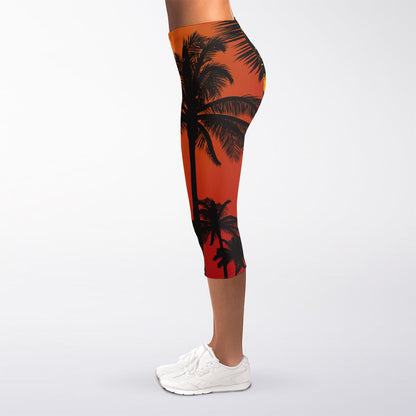 Tropical Palm Tree Sunset Print Women's Capri Leggings