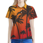 Tropical Palm Tree Sunset Print Women's Polo Shirt