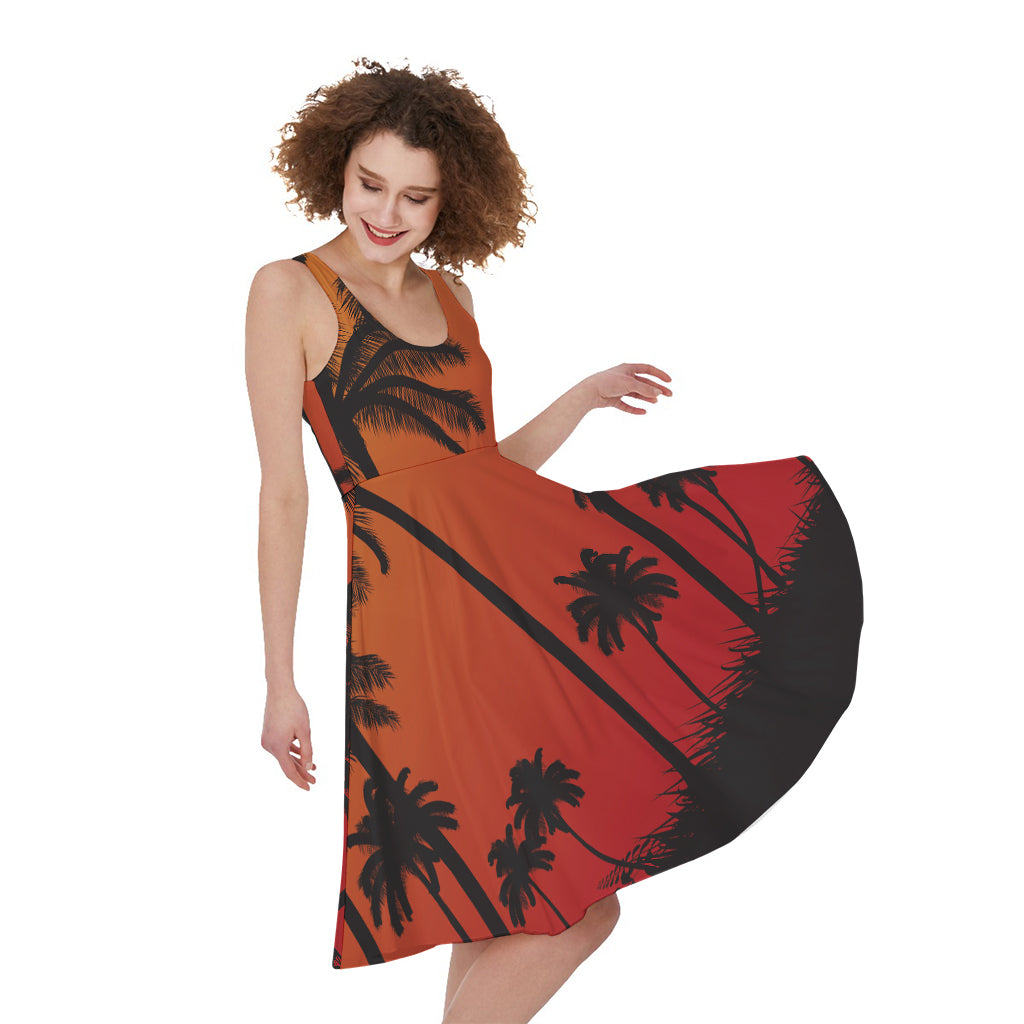 Tropical Palm Tree Sunset Print Women's Sleeveless Dress