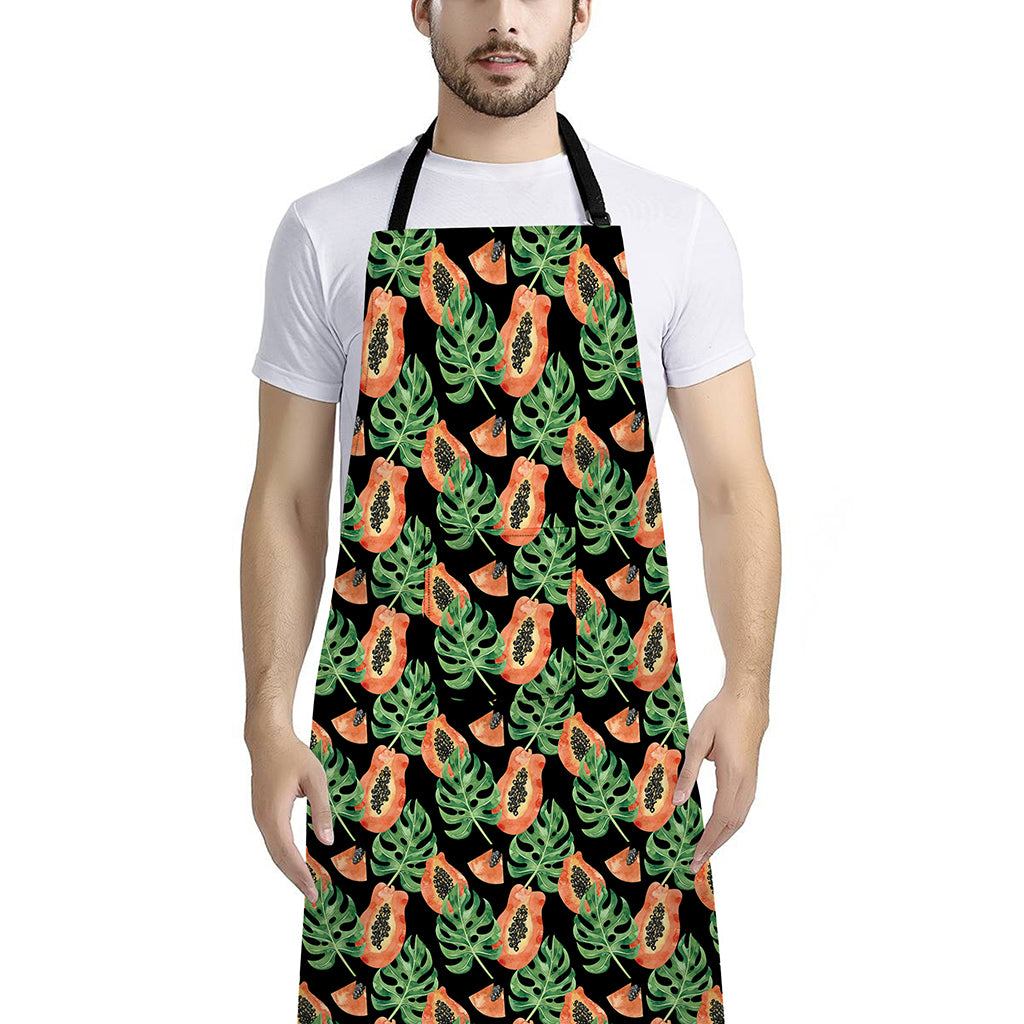 Tropical Papaya Pattern Print Bib Apron With Pocket