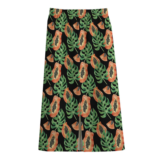 Tropical Papaya Pattern Print Cotton Front Slit Maxi Skirt