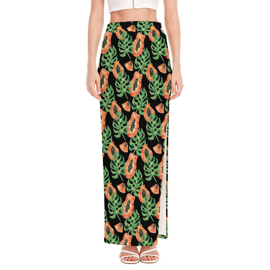 Tropical Papaya Pattern Print High Slit Maxi Skirt