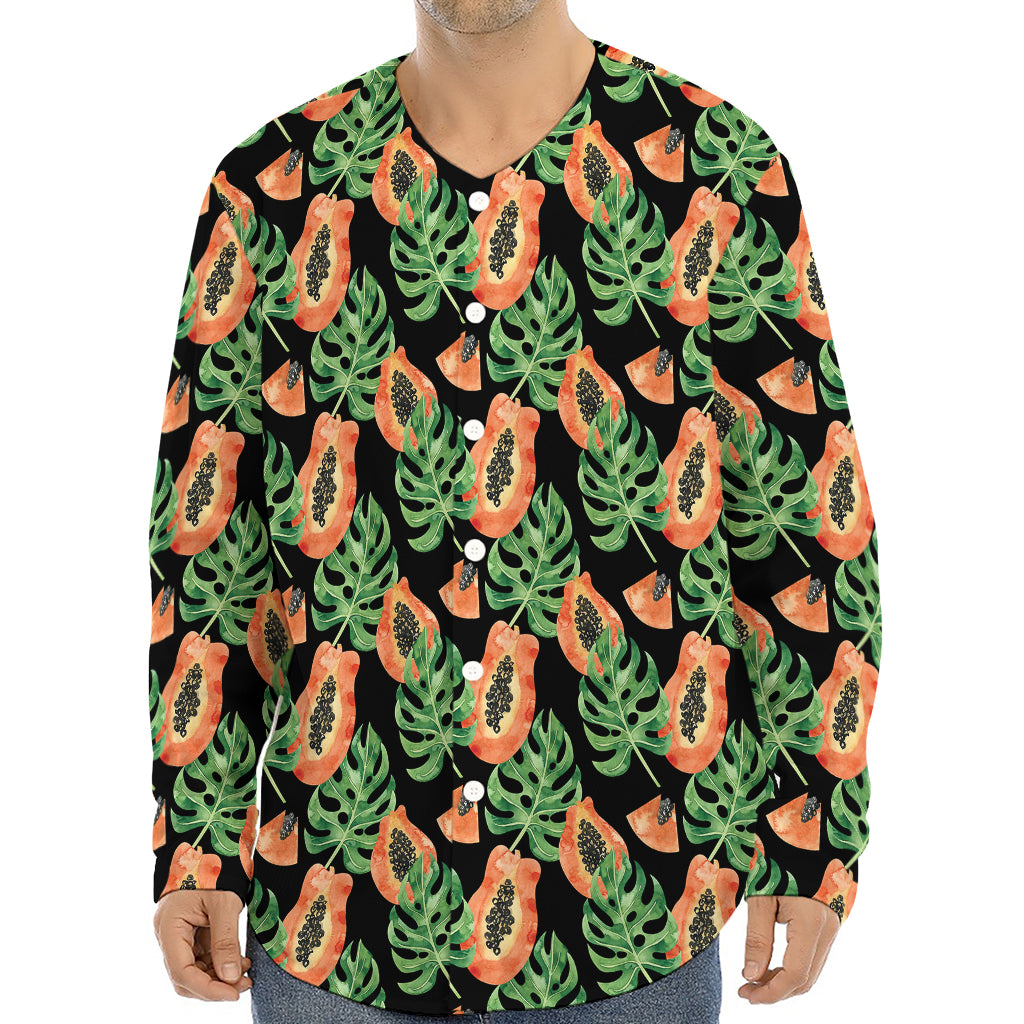 Tropical Papaya Pattern Print Long Sleeve Baseball Jersey