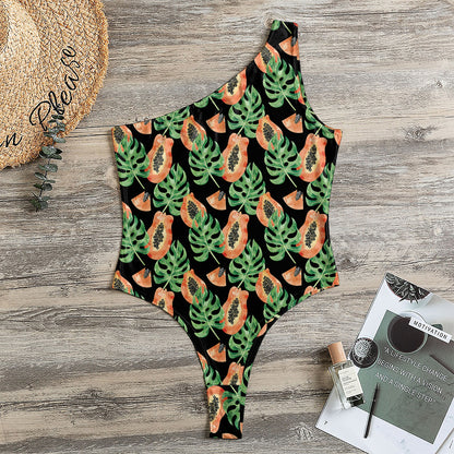 Tropical Papaya Pattern Print One Shoulder Bodysuit