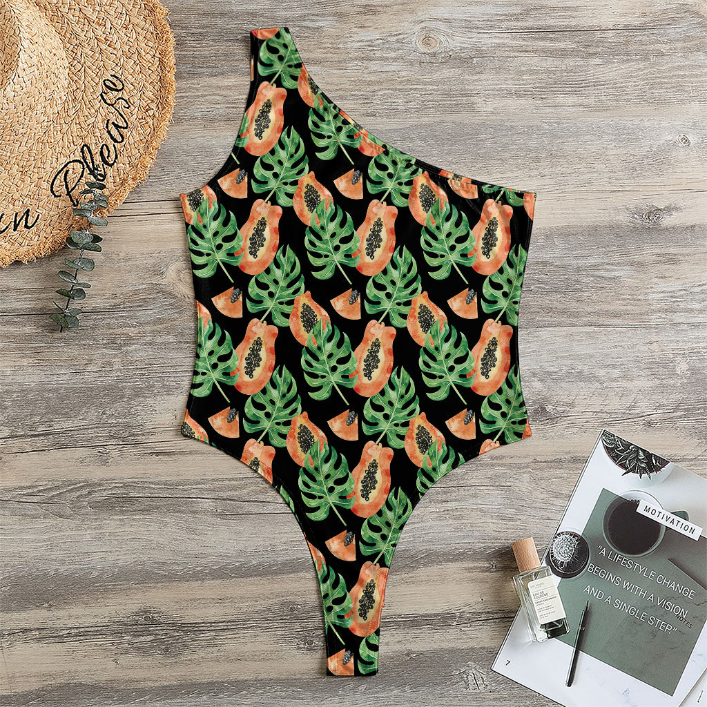 Tropical Papaya Pattern Print One Shoulder Bodysuit