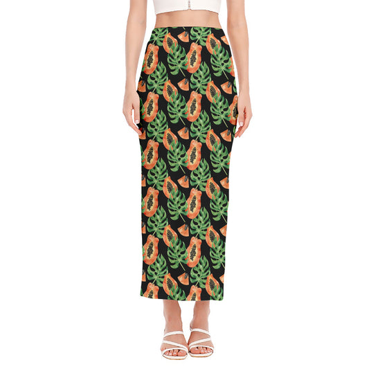 Tropical Papaya Pattern Print Side Slit Maxi Skirt