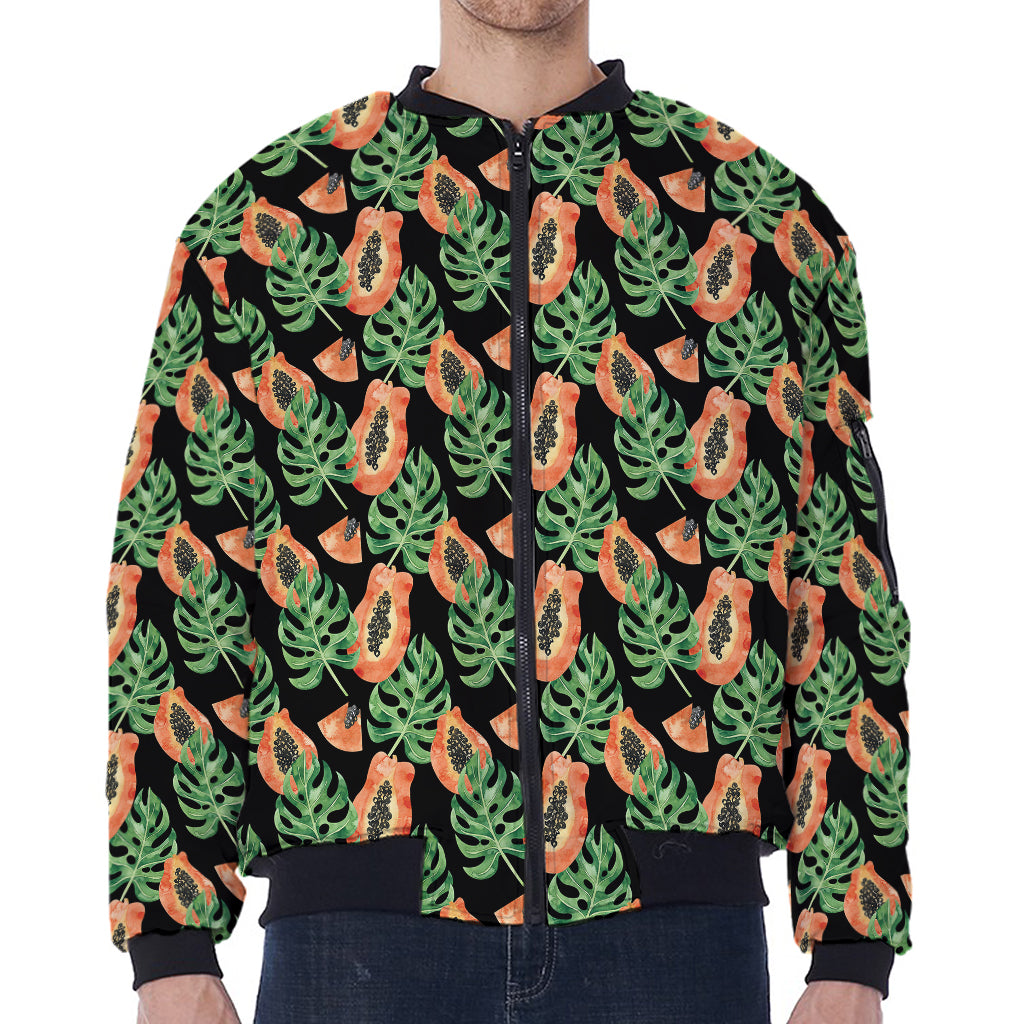 Tropical Papaya Pattern Print Zip Sleeve Bomber Jacket