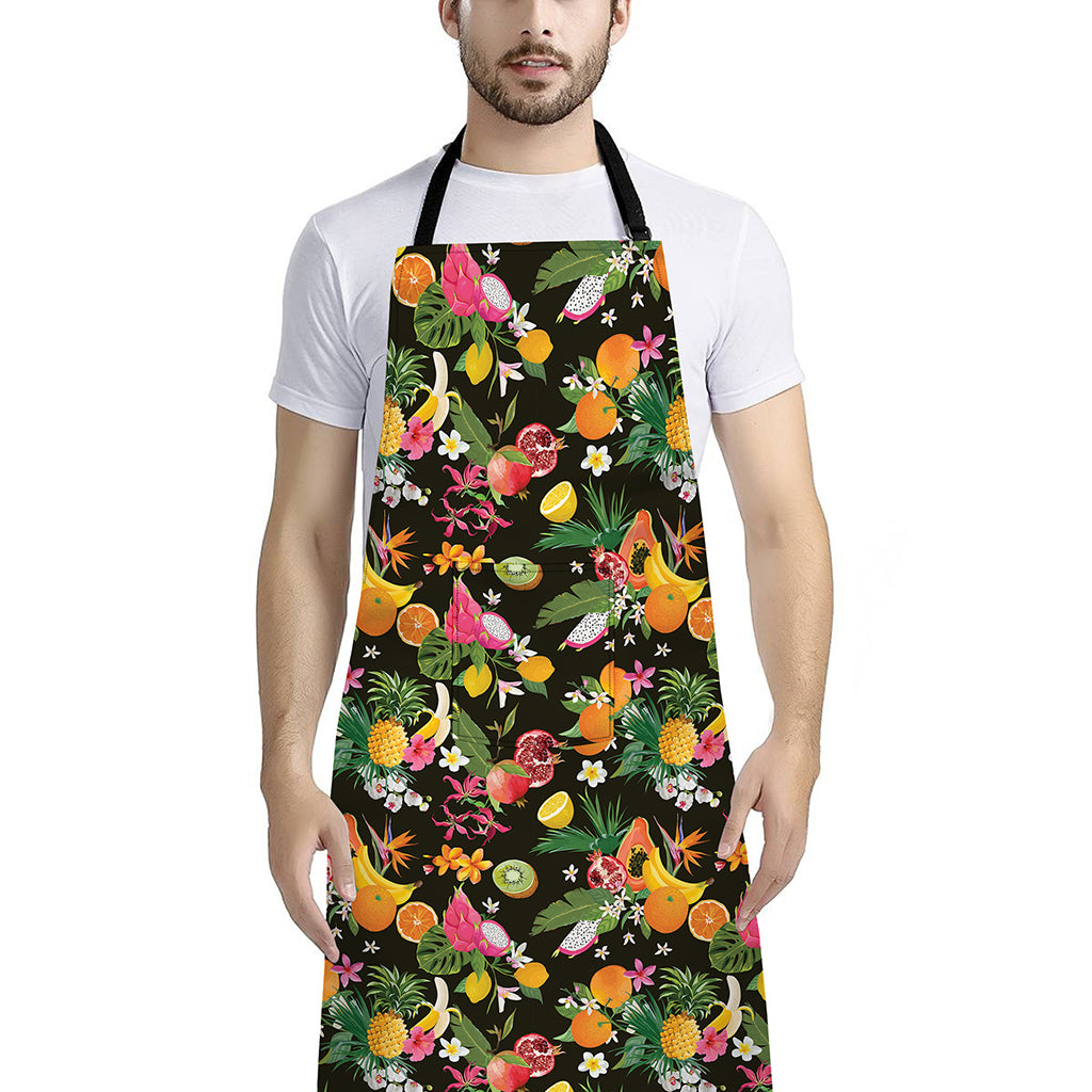 Tropical Paradise Fruits Pattern Print Bib Apron With Pocket