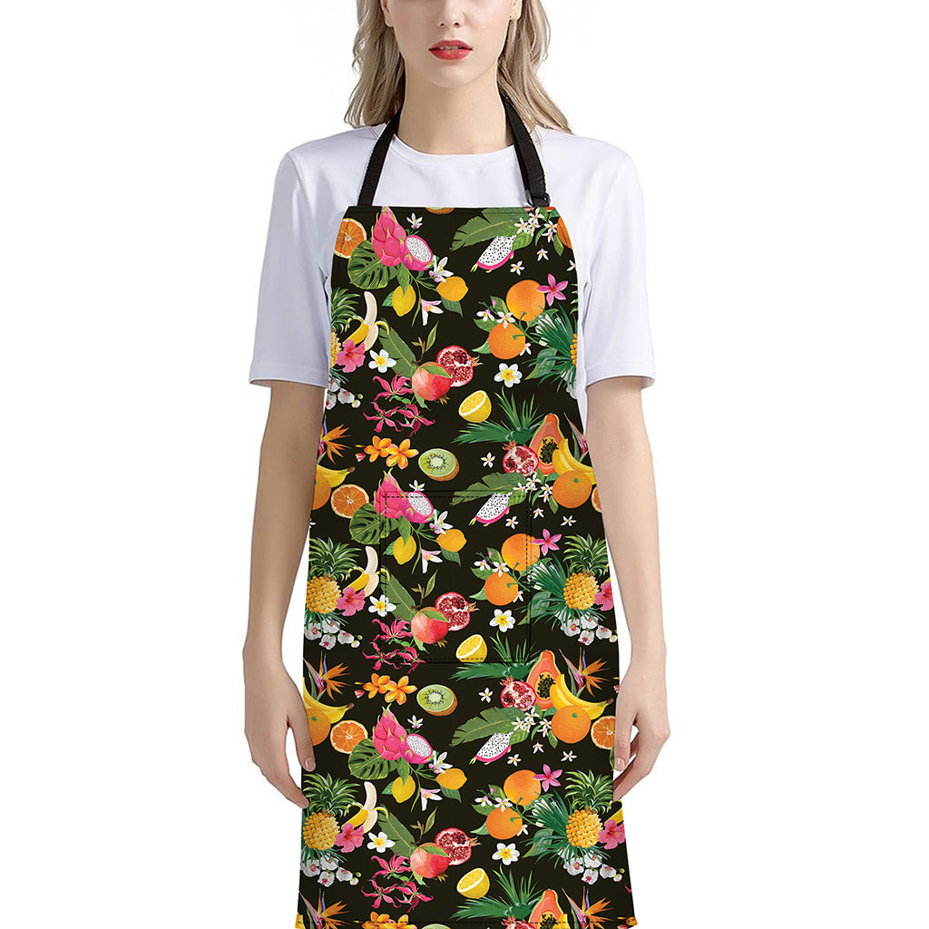 Tropical Paradise Fruits Pattern Print Bib Apron With Pocket