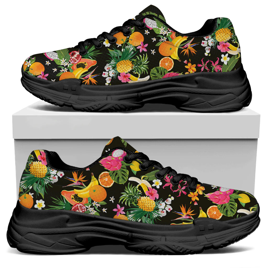Tropical Paradise Fruits Pattern Print Black Chunky Shoes