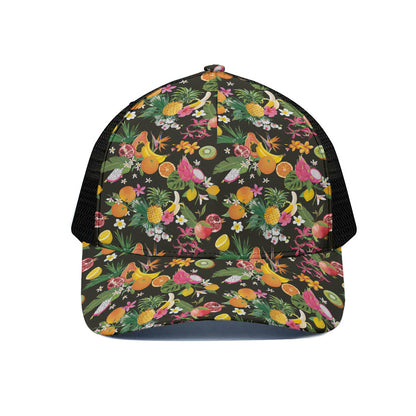 Tropical Paradise Fruits Pattern Print Black Mesh Trucker Cap