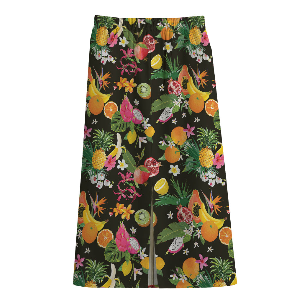 Tropical Paradise Fruits Pattern Print Cotton Front Slit Maxi Skirt