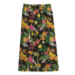 Tropical Paradise Fruits Pattern Print Cotton Front Slit Maxi Skirt