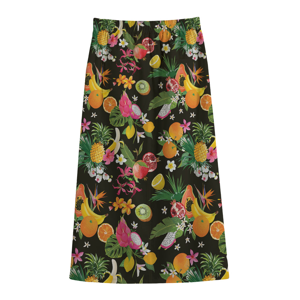 Tropical Paradise Fruits Pattern Print Cotton Front Slit Maxi Skirt