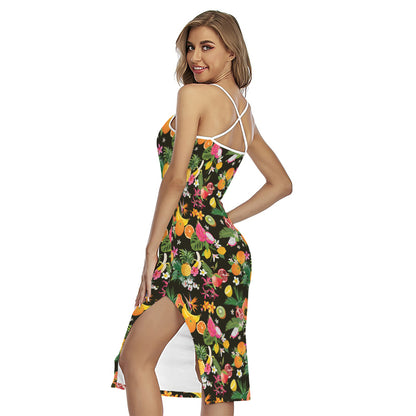 Tropical Paradise Fruits Pattern Print Cross Back Cami Dress