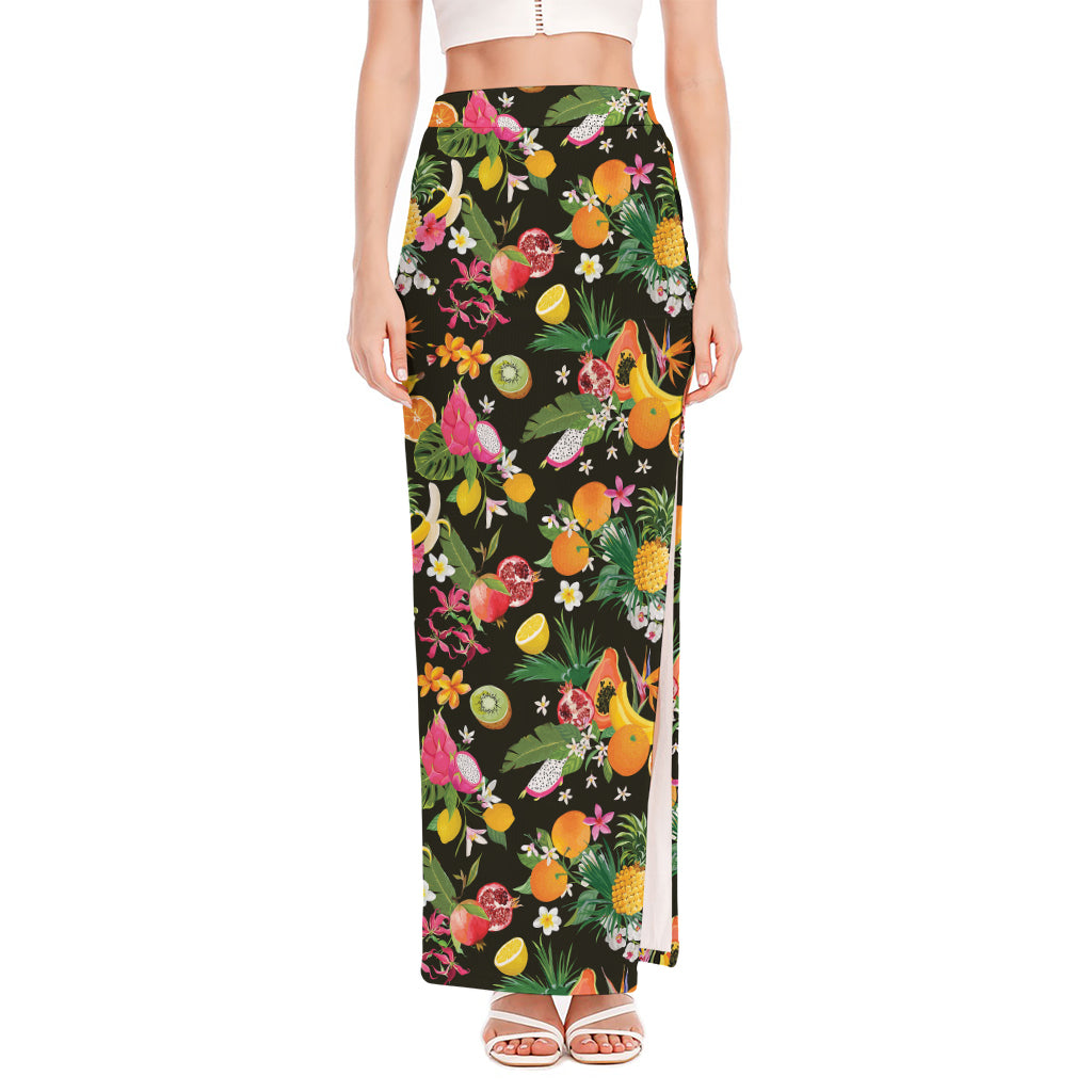 Tropical Paradise Fruits Pattern Print High Slit Maxi Skirt