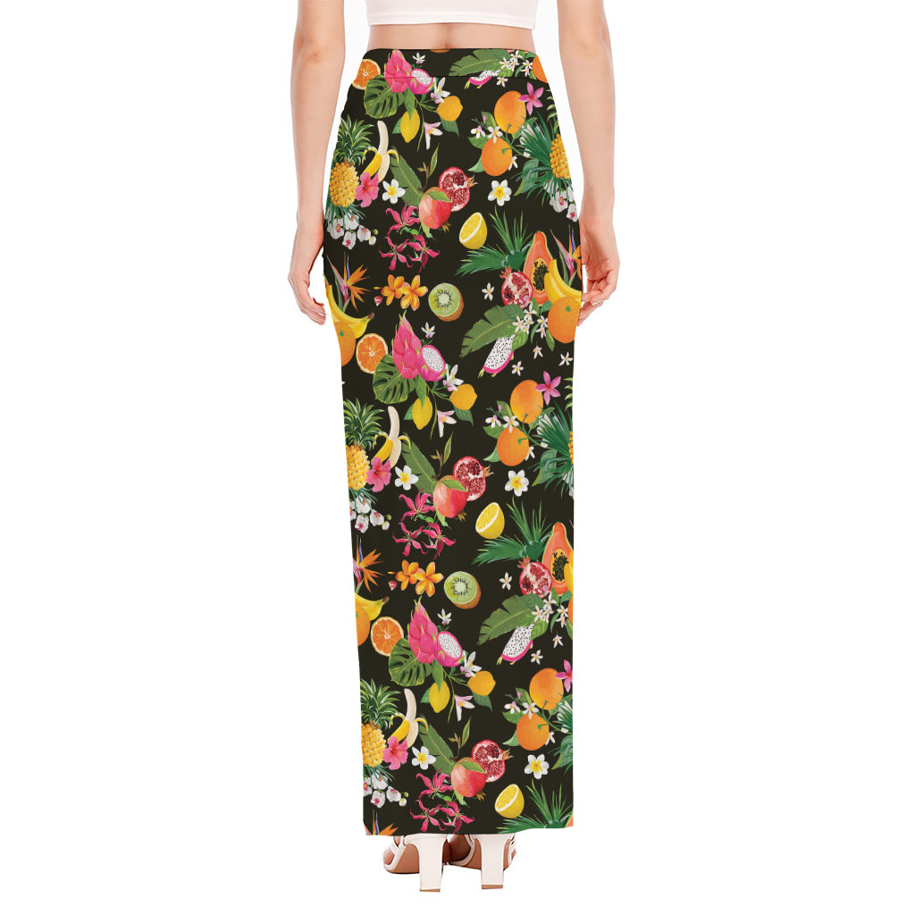 Tropical Paradise Fruits Pattern Print High Slit Maxi Skirt