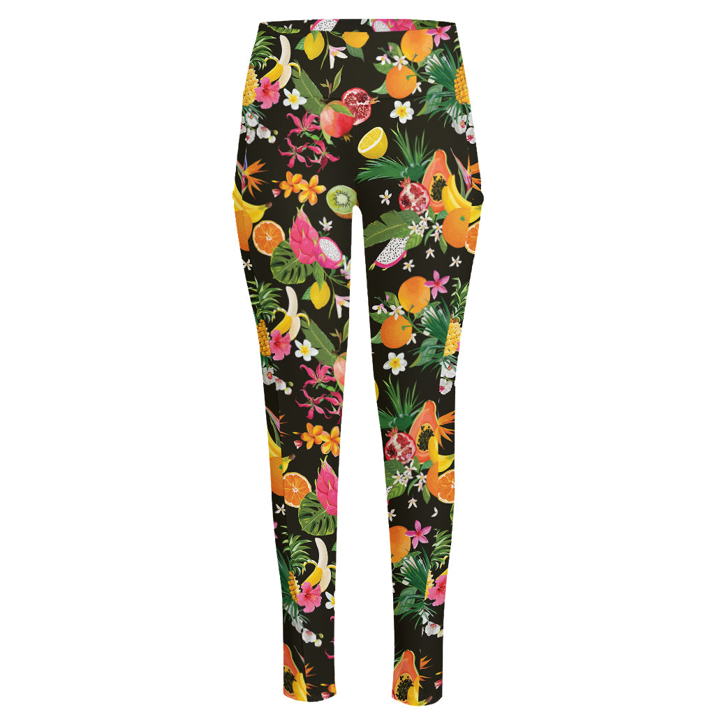 Tropical Paradise Fruits Pattern Print High-Waisted Pocket Leggings