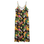 Tropical Paradise Fruits Pattern Print Jersey Midi Cami Dress
