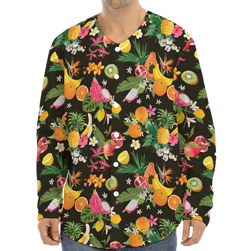 Tropical Paradise Fruits Pattern Print Long Sleeve Baseball Jersey