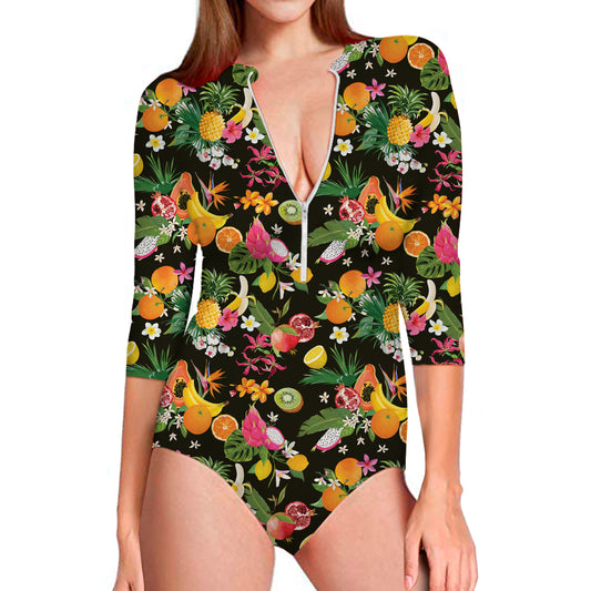 Tropical Paradise Fruits Pattern Print Long Sleeve Swimsuit